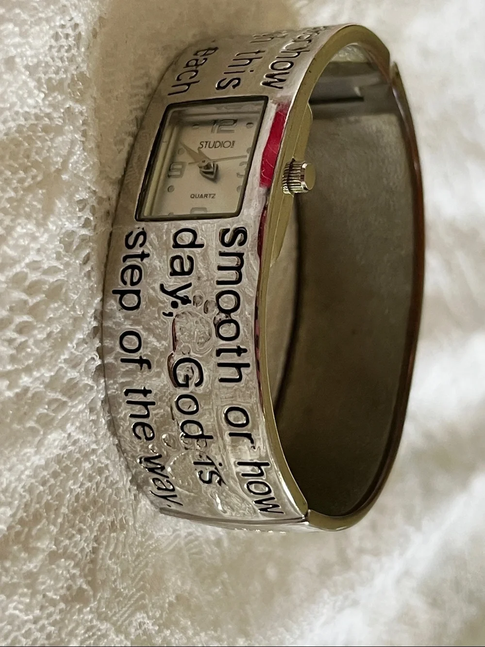 Studio Silver-tone Text-Engraved Cuff Watch